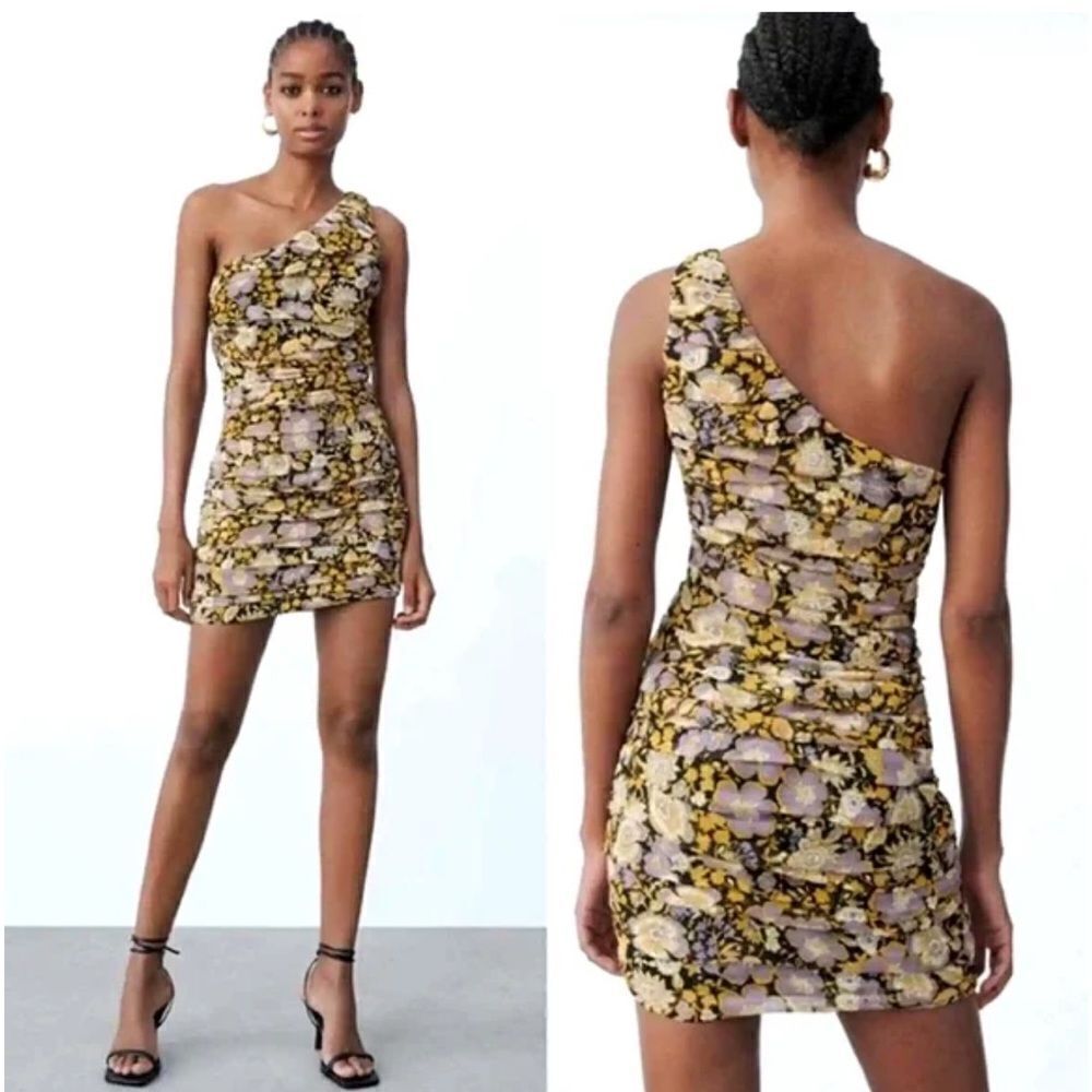 NWT Zara Dresses Zara Floral One Shoulder Ruched Mini Dress